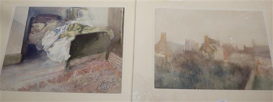 Marian Kratochwil (1906-1997) 2 watercolours, Unmade bed and Roof tops, signed and dated 1943, largest 28 x 37cm